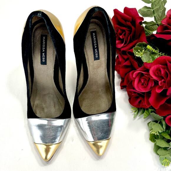 Marissa Webb Stiletto Heel Pump Size 8 Black Gold & Silver Leather Pointed-Toe - Picture 11 of 16